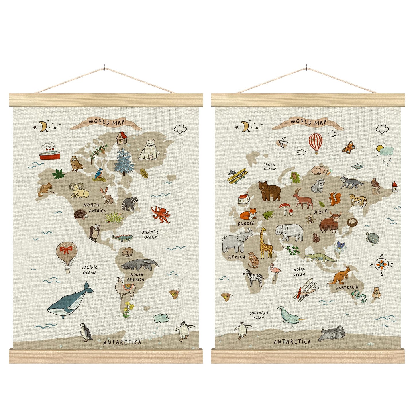 BCUANGD Classroom Wall Decor - Toddlers Kids Wall Art Poster Hanger with Wood Frames Set of 2, Educational Maps Wall Hanging Canvas Decor for Playroom Nursery Toddler Kids Room, 12x16 Inches