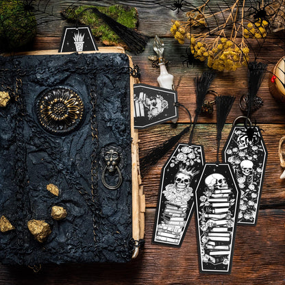 Kolldenn 120 Pcs 12 Styles Halloween Gothic Skeleton Coffin Bookmarks Double Sided Book Tracker Skull Horror Bookmark Gothic Book Marker with Black Tassels for Reading Lovers Gifts Accessories