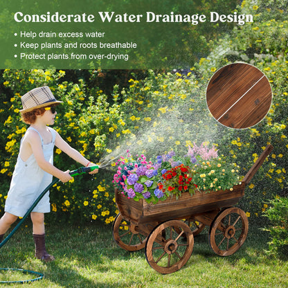 OIPRTGFJ Wood Wagon Planter for Outdoor Balcony Decor - Garden Rustic Wooden Flower Cart with Wheels for Outside Garden Decor Wheelbarrow Planter for Patio