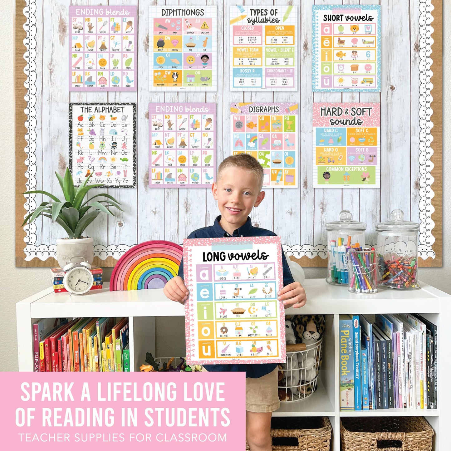 Hadley Designs Phonics Posters for Classroom Must Haves - 9 Sound Wall for Kindergarten & Elementary Teacher Supplies, Syllable, Vowels, Digraphs & Blends Bulletin Board Set, Pastel Classrom Decor