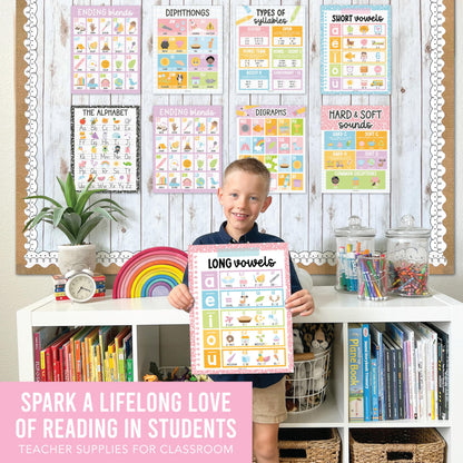 Hadley Designs Phonics Posters for Classroom Must Haves - 9 Sound Wall for Kindergarten & Elementary Teacher Supplies, Syllable, Vowels, Digraphs & Blends Bulletin Board Set, Pastel Classrom Decor