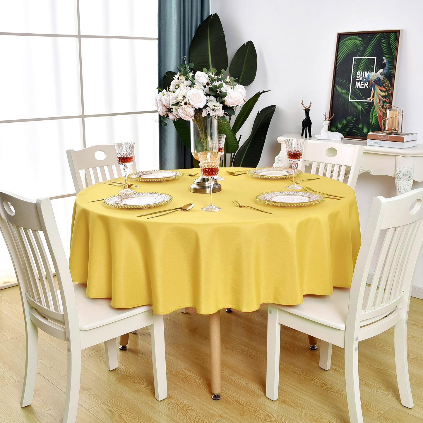 KAIPHO Yellow Round Tablecloth Waterproof Stain Resistant Wrinkle Free Table Cloth 210GSM Polyester Washable Wipeable Table Cover for Party, Banquet, Wedding, Indoor and Outdoor (90 inch, Circle)