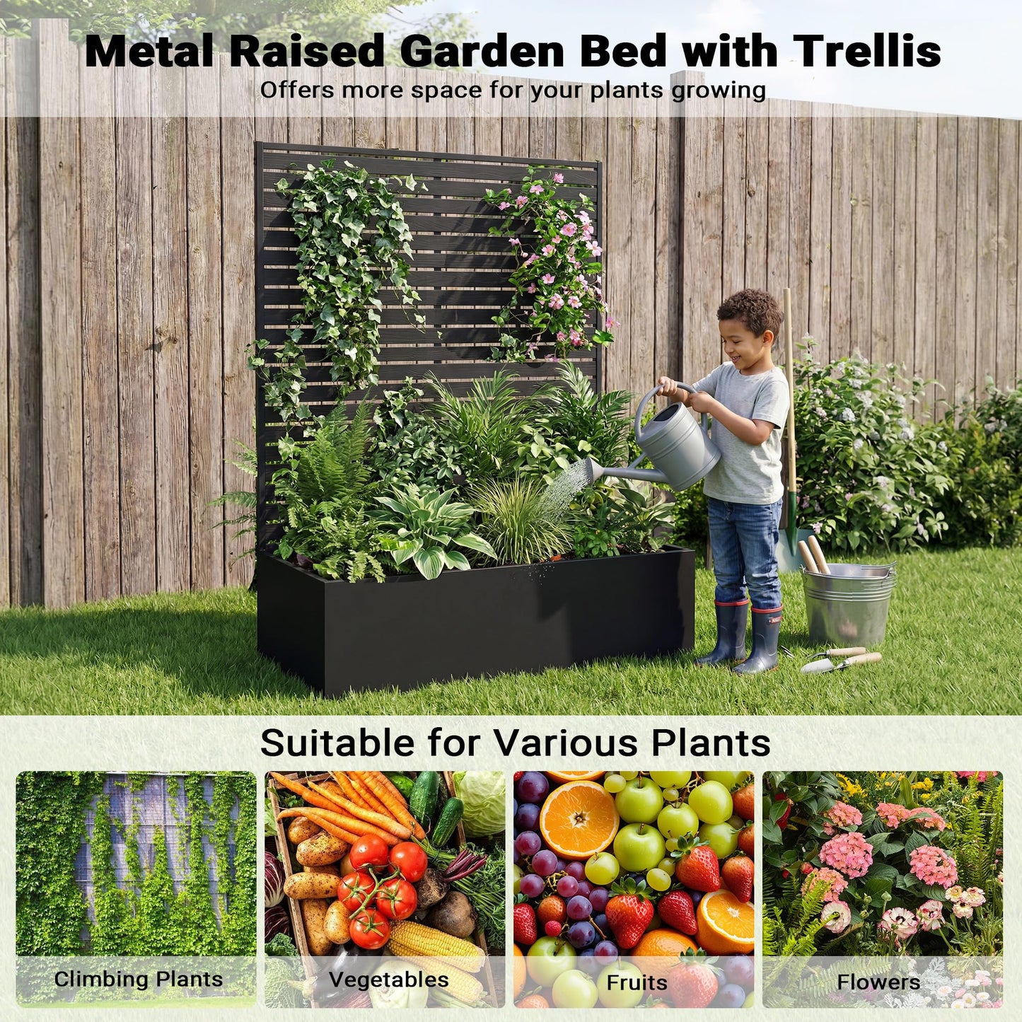 seethmi Metal Raised Garden Bed with HDPE Trellis, 45"x16"x59" Planter Box for Vegetables & Climbing Plants, Outdoor HDPE Privacy Screen Planter with Drainage Holes for Patio, Backyard, Garden