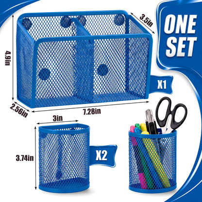 Marspark 3 Pcs Magnetic Pen Holder Set Metal Pencil Holder with Strong Magnets Wire Mesh Storage Basket Organizer for Locker Accessories Whiteboard Refrigerator School Office Dorm(Blue)