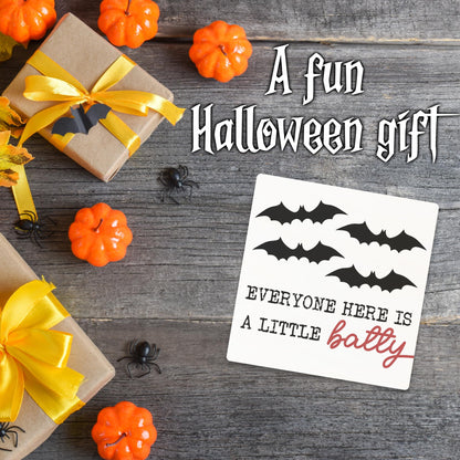5 Inches Halloween Wooden Block Sign - Everyone Here Is A Little Batty - Spooky Bats Rustic Wooden Sign - Halloween Party Tabletop Decor For Haunted House Home Desk - Favors For Friends Family - A06