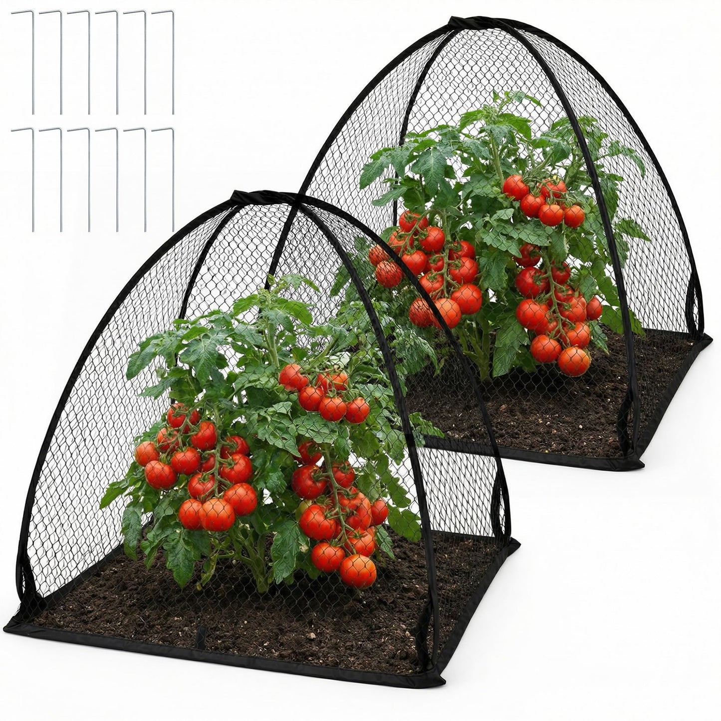 DECOHS 2 Pcs Pop-Up Mesh Plant Cover Tent, 30 x 28 x 28 Inch Garden Net Cage Guard Cover, Plant Protector Enclosure with 12 Ground Stakes for Protecting Plants Vegetable Fruit from Birds Insects