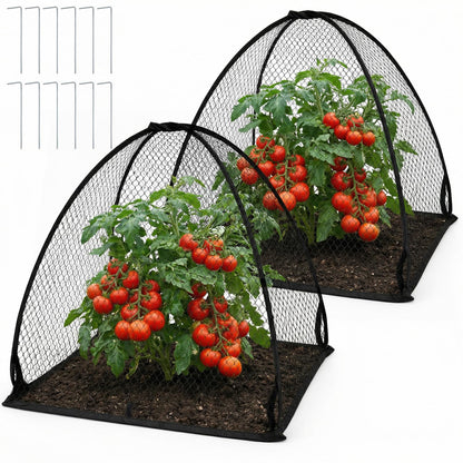 DECOHS 2 Pcs Pop-Up Mesh Plant Cover Tent, 30 x 28 x 28 Inch Garden Net Cage Guard Cover, Plant Protector Enclosure with 12 Ground Stakes for Protecting Plants Vegetable Fruit from Birds Insects