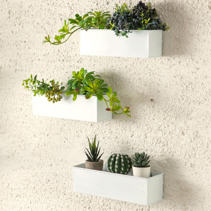 LaLaGreen Wall Planter for Indoor Plants (3 Pack, 16 Inch) Large Wall Mount Planters for Succulent, White Rectangular Metal Hanging Flower Pot, Long Window Sill Box Fence Rail Balcony Floating Shelve