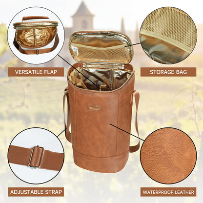 Tirrinia 2 Bottle Wine Carrier Bag, Insulated Wine Tote Cooler Bag with Shoulder Strap, for Travel, Picnic, BYOB & Christmas for Wine Lovers, Brown