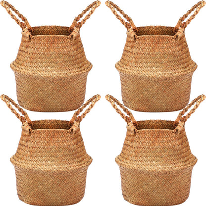 Qunclay 4 Pcs Woven Seagrass Baskets Belly Basket Folding Boho Natural Plant Pot with Handles Round Decorative Wicker Large Indoor Planter for Home Outdoor Tree Planters Decor (S,8.7''dx7.9''h)