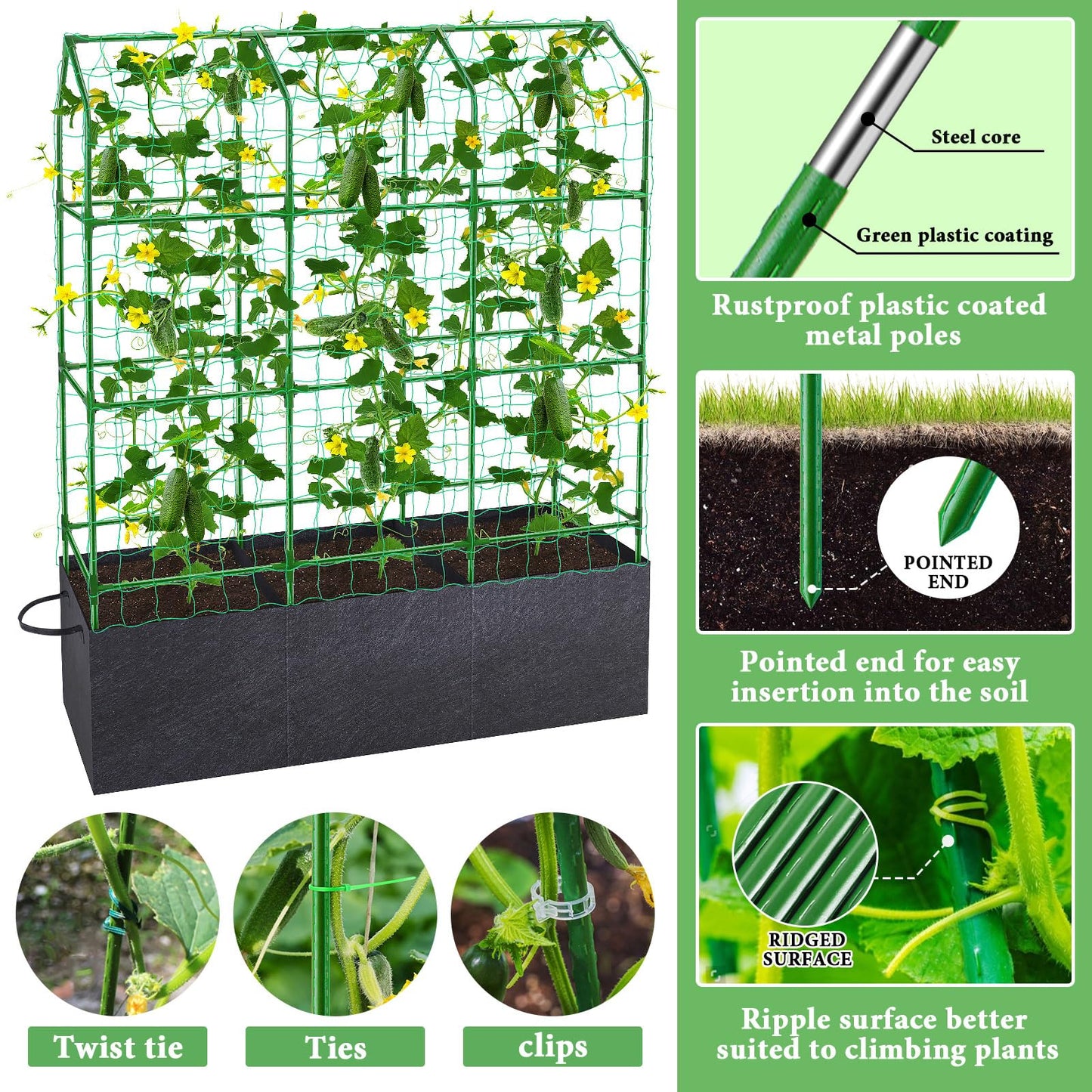 50x65x18 Inch Cucumber Trellis for Raised Bed - with 46 Gallon Grow Bags, Garden Trellis for Climbing Plants Outdoor with Climbing Net and Plant Support for Cucumber, Tomato, Vegetable, Grape, Vine