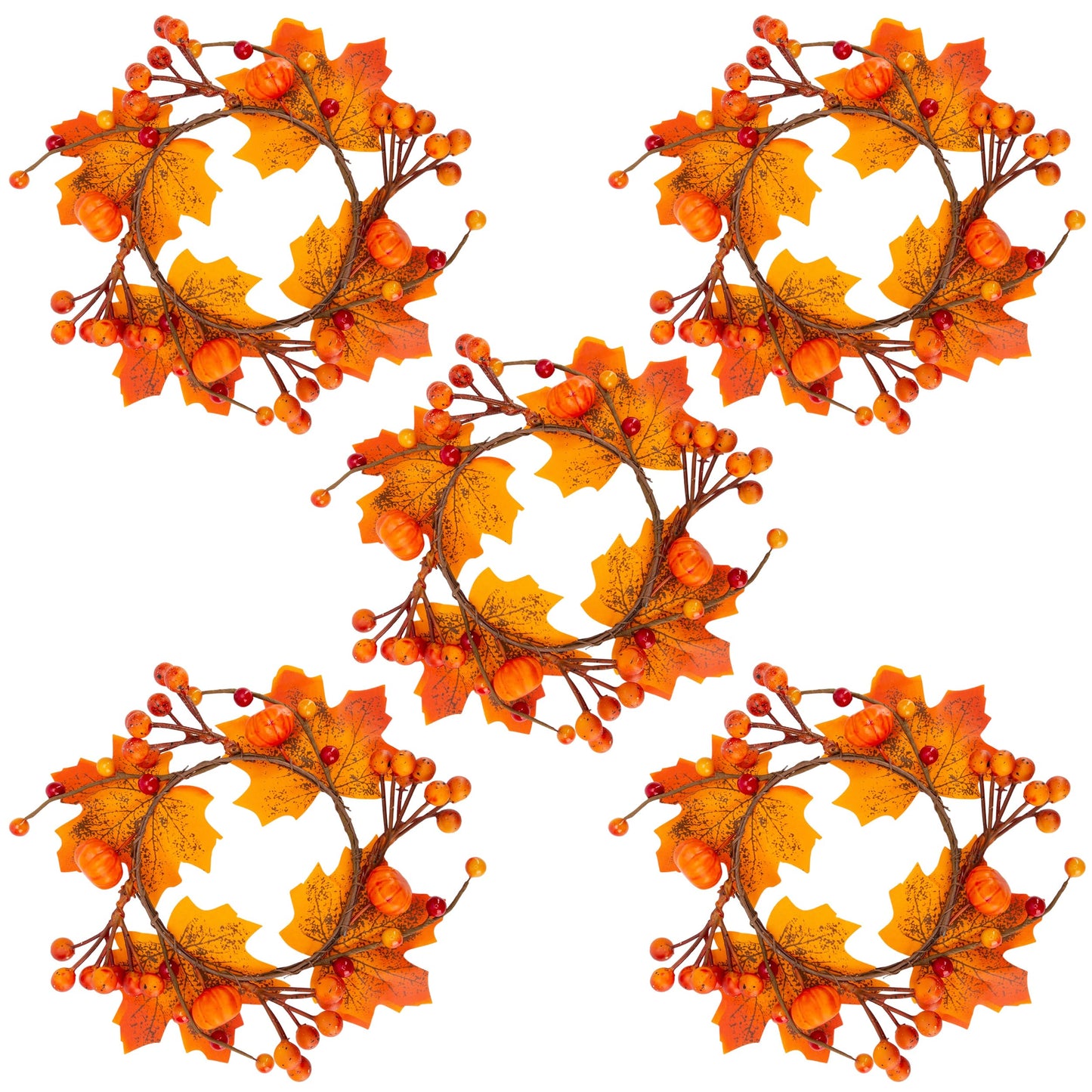5Pcs Fall Mini Wreath 4.7 Inch/12cm Taper Candle Rings Artificial Pumpkin Maple Leaf Holder with Berries Christmas Autumn Harvest Wreaths for Pillar Halloween Thanksgiving Wedding Table Home Decor