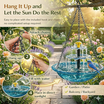 Solar Powered Hanging Bird Bath, Vibrant Blue Multi-Tier Waterfall Fountain for Outside, Easy to Hang Bird Oasis for Garden Decoration, Balcony, for Bird Lovers (Blue)