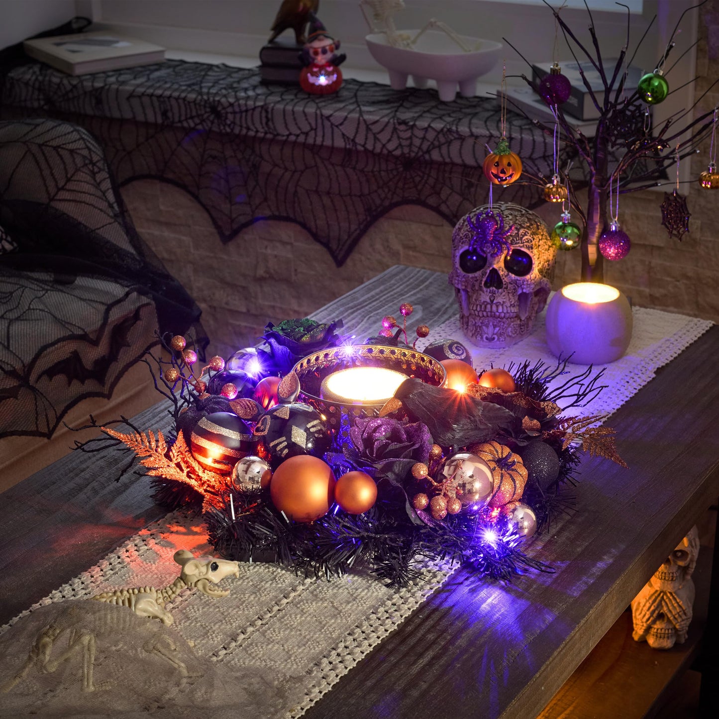 Valery Madelyn 18 Inch Halloween Wreath with Lights for Front Door, Collapsible Pre-Lit Wreath with Fake Crow Pumpkin Halloween Decorations for Home Wall Decor