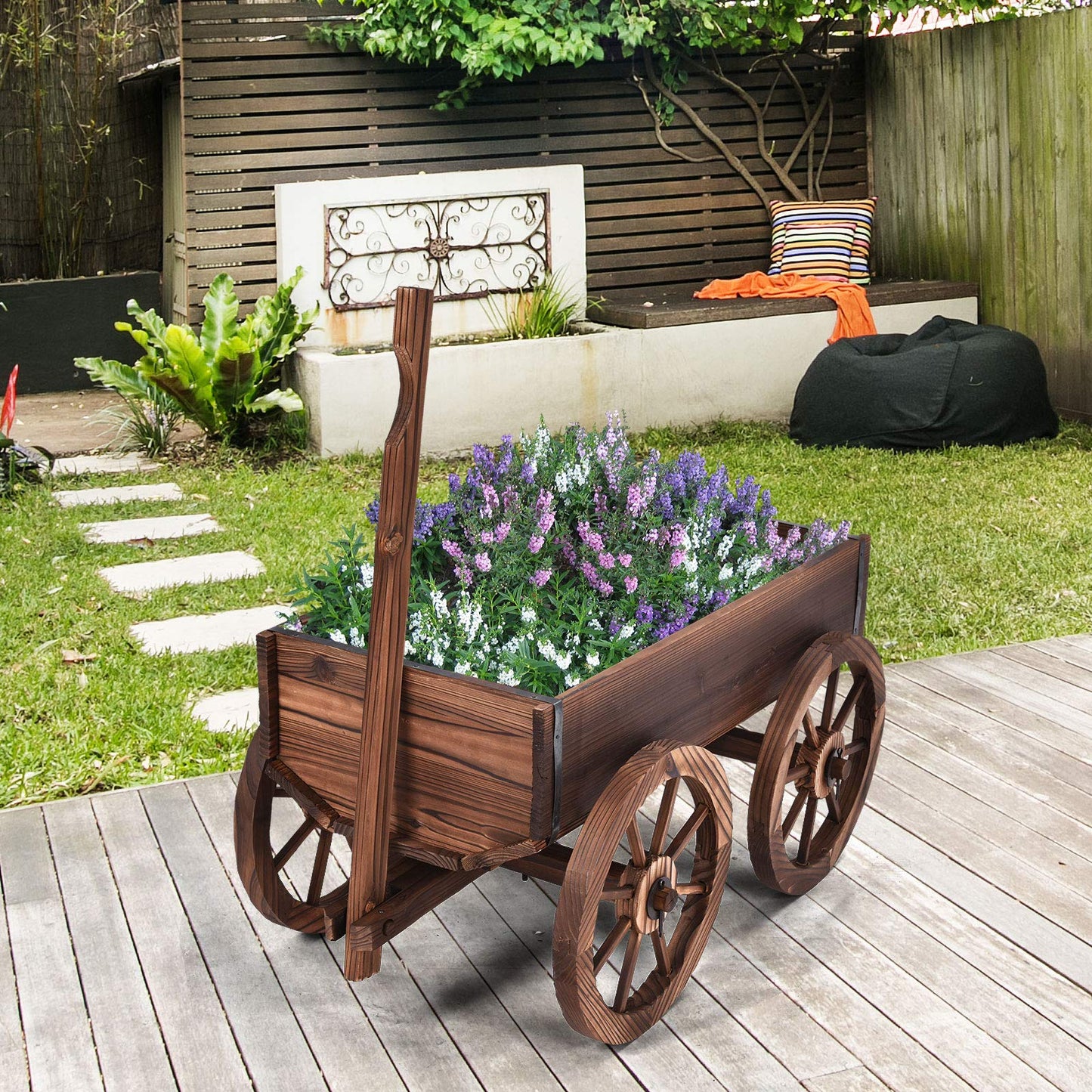 LDAILY Moccha Wooden Wagon, Wood Flower Planter Pot Stand with 4 Wheels for Home Garden Outdoor Indoor