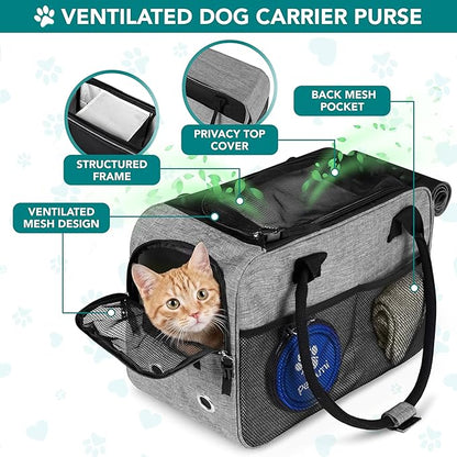 PetAmi Dog Purse Carrier for Small Dogs, Airline Approved Soft Sided Pet Carrier with Pockets, Ventilated Dog Carrying Bag for Puppy Cat, Dog Travel Supplies Bag, Sherpa Bed, Max 12 lbs, Gray