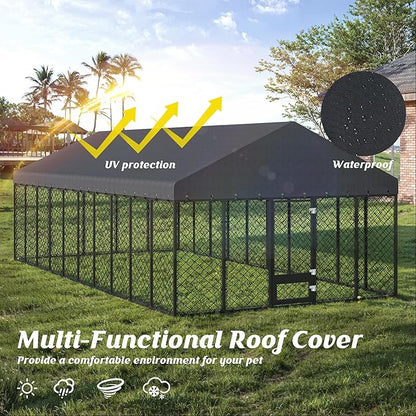 10x20FT Outdoor Dog Kennel with Roof, Extra Large Heavy Duty Metal Dog Enclosure for Multiple Dogs, Secure Playpen with Lockable Gate & Feeding Door, Weather-Resistant Fence Run