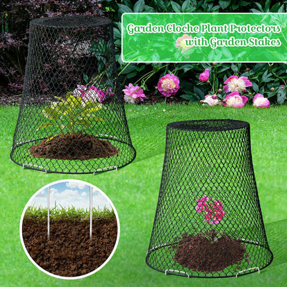 Therwen 15 Pcs Large Plant Wire Cloche 11 x 12 Inch Metal Garden Cloche with Garden Stakes Plant Protector from Animals for Keeping Bunnies Chicken Squirrels Birds (Black)