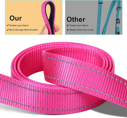 Soft Neoprene Padded Dog Collar and Leash Set for Small Medium Large Dogs, Reflective Durable Nylon Dog Collar with 5ft Leash Easy for Walking, Hot Pink,Neck fit 14.0-23.5’’