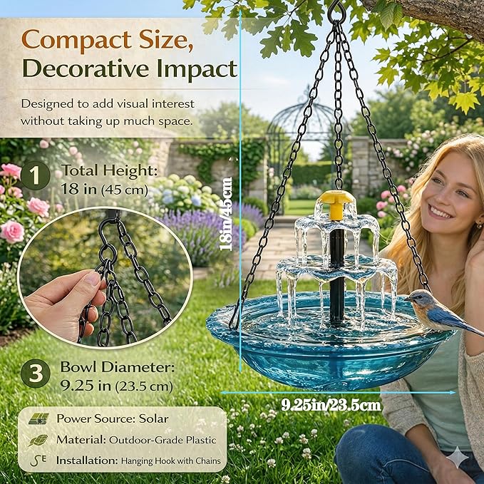 Solar Powered Hanging Bird Bath, Vibrant Blue Multi-Tier Waterfall Fountain for Outside, Easy to Hang Bird Oasis for Garden Decoration, Balcony, for Bird Lovers (Red)