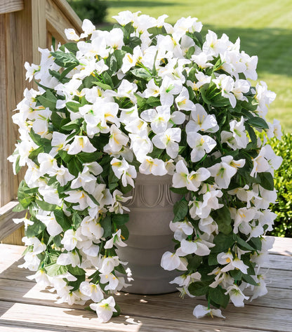 Faux Bougainvillea Artificial Flowers for Outdoors Fake Plants Outside Decoration, 2 PCS White Faux Flowers UV Resistant Look Real Silk Long Trailing Vines for Front Door Porch Planter Patio Garden