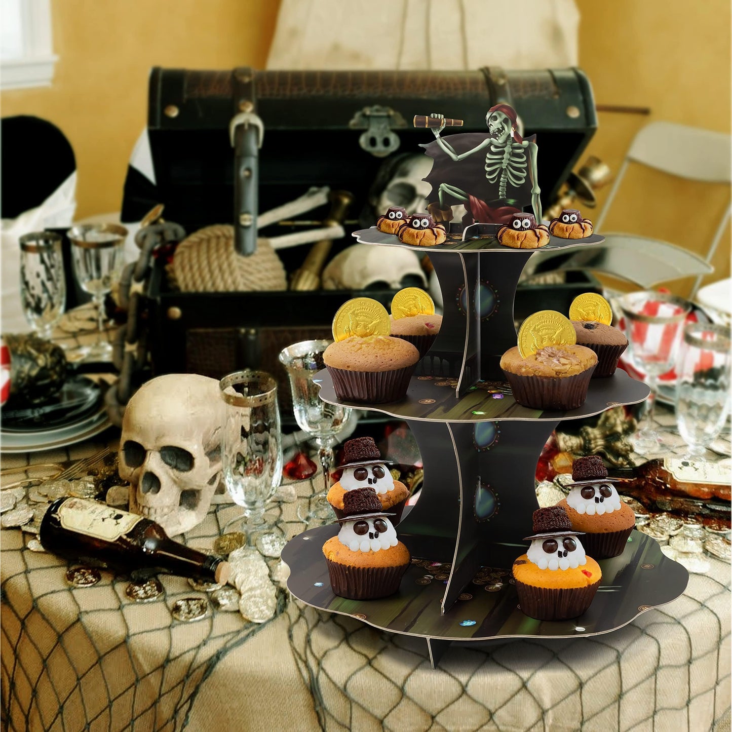 Cheerland Skull Pirate Cupcake Stand for Halloween Theme Party Decorations Cup Cake Holder Tier Stand Dessert Display Cake Serving Tray for Pirate Skeleton Spooky Birthday Cosplay Party Supplies