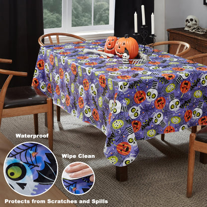 Newbridge Halloween Whimsical Ghoulish Gang 52 x 52 Inch Square Vinyl Tablecloth with Flannel Backing, Fun Skulls and Pumpkin Design, Easy Care Wipe Clean Halloween Table Cover