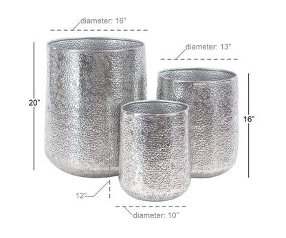 Deco 79 Aluminum Metal Indoor Outdoor Planter Large Planter Pot with Hammered Design, Set of 3 Planters 12", 16", 20"H, Silver