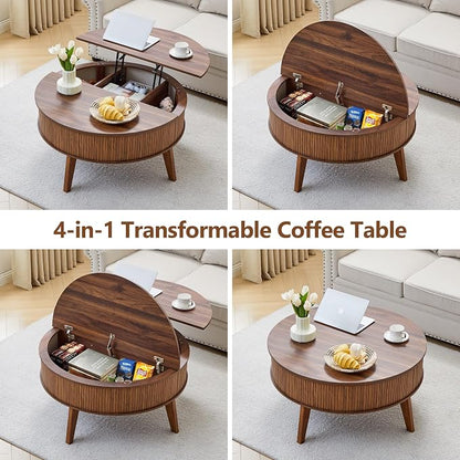 Round Lift Top Coffee Table with Storage, 35.4'' Fluted Wood Center Table Mid Century Modern Coffee Table with Lifting Top for Living Room, Office, Small Space (Walnut)