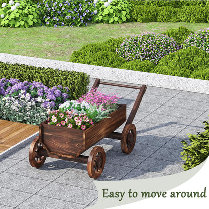 PULIJIAJU Wooden Wagon Garden Planter Cart with Wheels Rustic Flower Pot – Indoor Outdoor Patio Backyard Balcony Decor for Succulents, Flowers and Plants（Carbonized-L