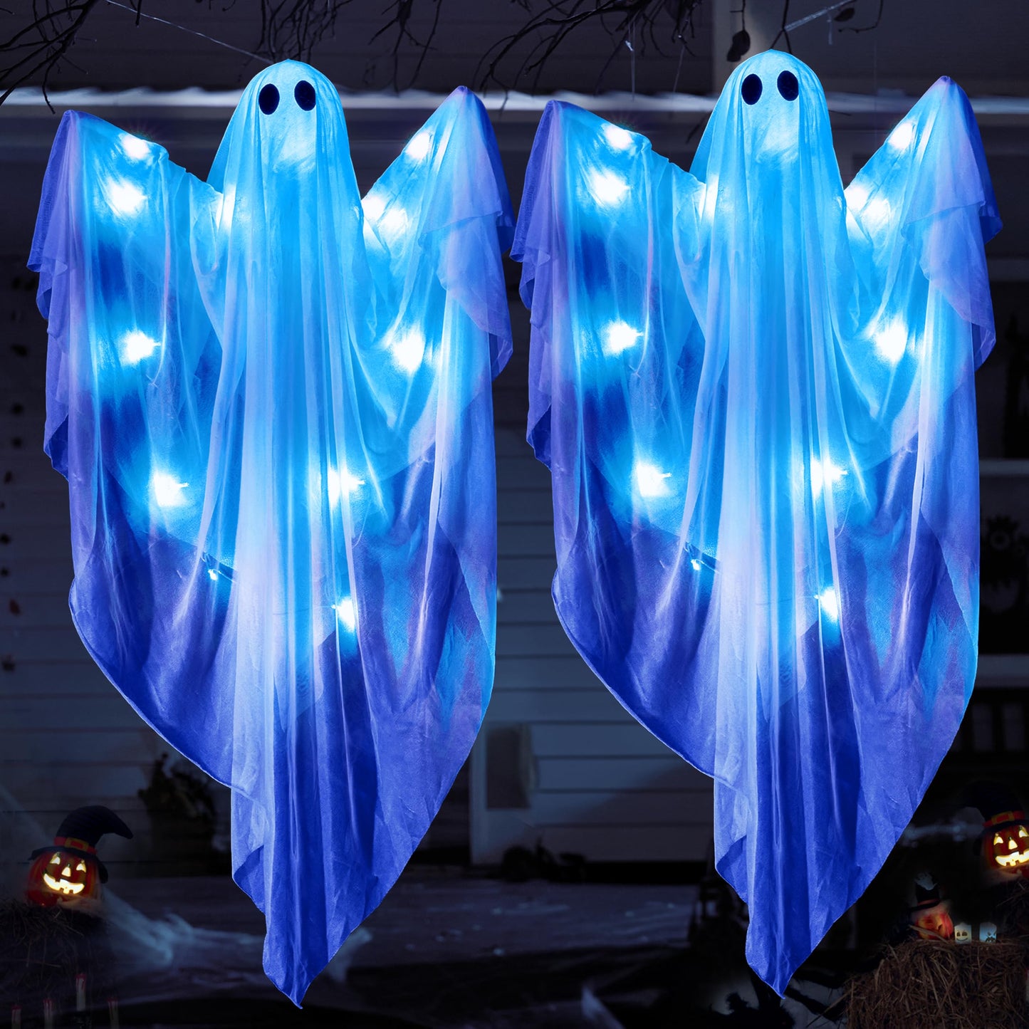 JOYIN 2 Pcs 47” Halloween Hanging Light up Ghost Decorations Outdoor, Halloween White Hanging Ghosts with Blue LED Lights and Timer for Haunted House Party Supplies Front Yard Patio Garden Decor