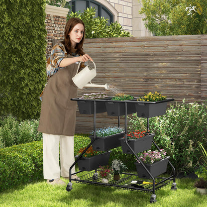 Giantex Rolling Raised Garden Bed w/ 7 Planter Boxes, Storage Baskets, Drainage Holes, 4 Lockable Casters, 3-Tier Freestanding Elevated Planter for Strawberry Vegetable Flower Herb
