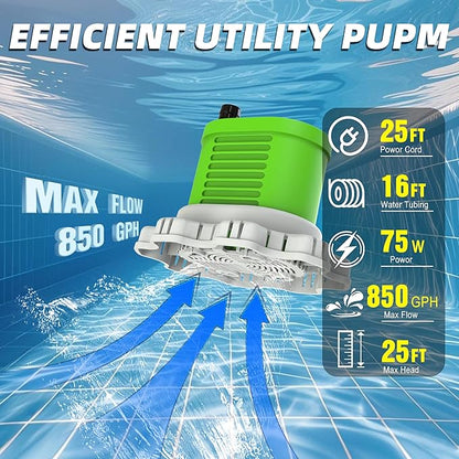 AgiiMan Pool Cover Pump Above Ground - 850 GPH Submersible Water Pump for Pool Draining, Portable Small Sump Pumps with 16' Drainage Hose and 25' Power Cord, 3 Adapters, Green