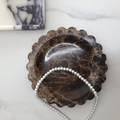 SAIDKOCC Marble Tray Round Scalloped Tray Small Serving Platter for Counter, Bathroom, Kitchen, Nightstand, Jewelry Ring Dish Holder (Coffee Net)