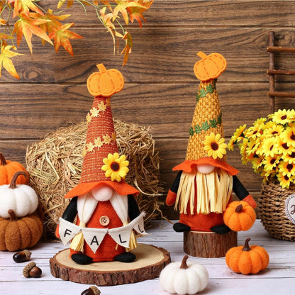 Ni-JASW Fall Plush Gnomes Set of 2, Farmhouse Sunflower Pumpkin Harvest Thanksgiving Swedish Tomte Autumn Elf Figurines Tiered Tray Decor