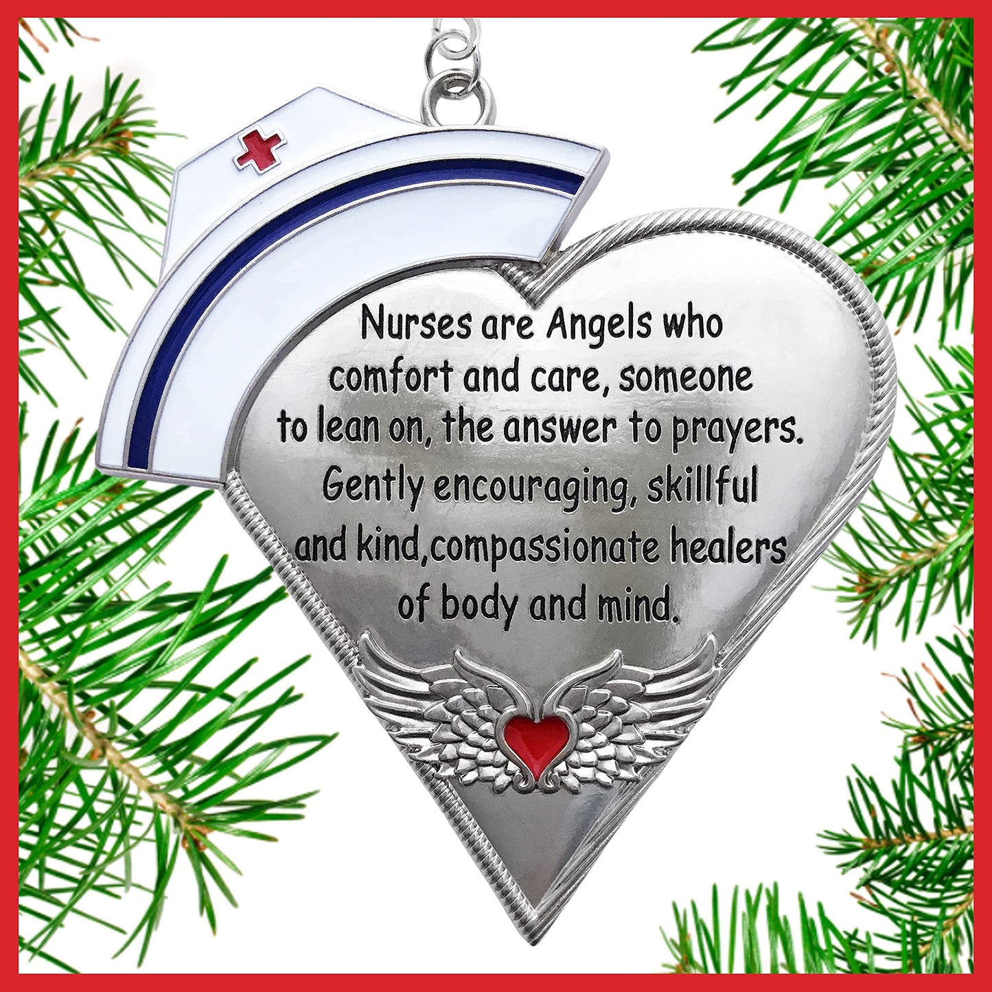 Nurse Christmas Ornament with Message, Engraved Silver Metal Nurses Hat & Heart with Angel Wings, Hand Painted Enamel Holiday Keepsake, Thank You Gift for Nurse, RN, LPN, CNA, Nursing Student, 4"