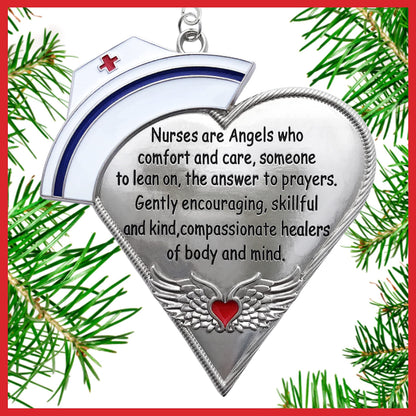 Nurse Christmas Ornament with Message, Engraved Silver Metal Nurses Hat & Heart with Angel Wings, Hand Painted Enamel Holiday Keepsake, Thank You Gift for Nurse, RN, LPN, CNA, Nursing Student, 4"