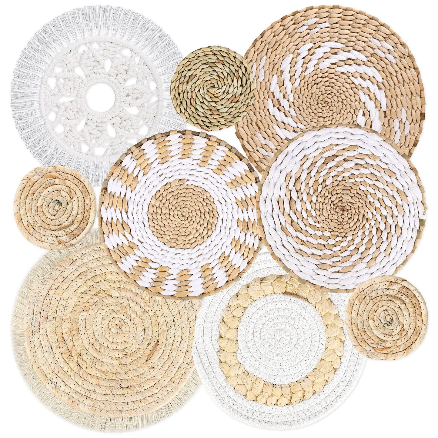 MJOGGOTT 9 Pcs Boho Wall Basket Decor Hanging Woven Wall Basket Art Decor Rattan Wicker Seagrass Home Round Tassels White Macrame Tapestry Baskets Decoration for Kitchen Home Farmhouse Decoration