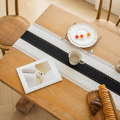 FEXIA Boho Table Runner for Summer Home Decor with Tassels 72 Inches Long Farmhouse Rustic Black Gothic Table Runner Macrame Gothic Burlap Table Decoration for Kitchen Living Room (12x72 Inches)