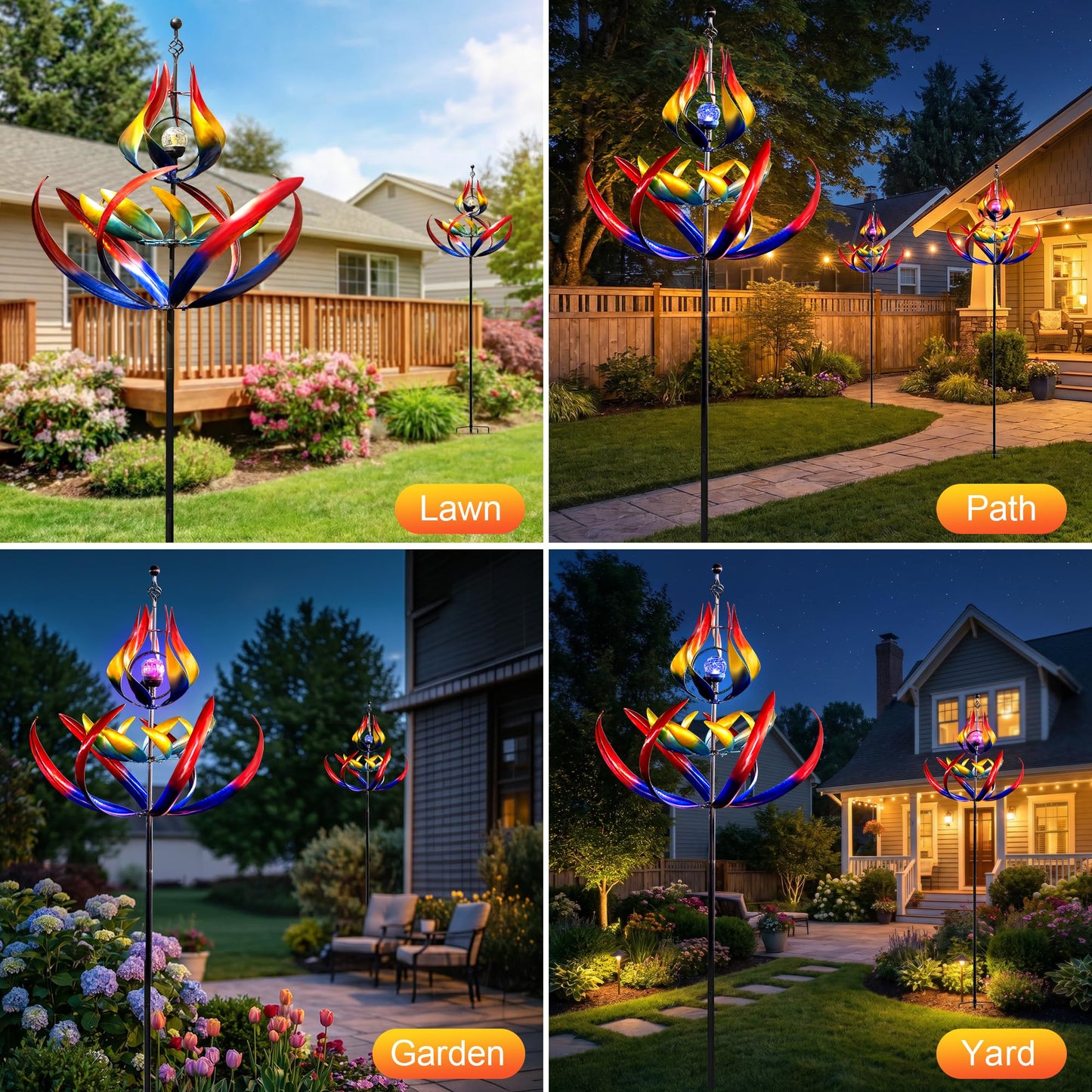 106" Solar Wind Spinners Outdoor Large Metal - Kinetic Wind Sculptures with Crackle Glass LED Globe, Heavy Duty Garden Decor for Outside Lawn Patio, Stable Stake Windmill Yard Art Gifts