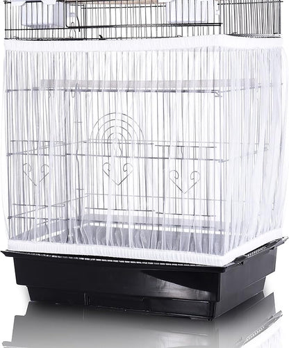 Tamu style Bird Cage Seed Catcher, Large, Stretchy Form Fitting Mesh Skirt Cover for Parrot Enclosures, Light and Breathable Fabric, Prevent Scatter and Mess, Reusable, Adjustable, Lightweight, White