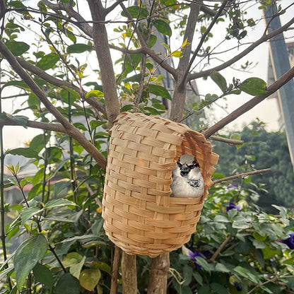 Finch Nest for Cages, Large Natural Bird Houses, Bamboo Hand Made Nests Hideout Cage with Metal Hook, Small Hut Toy House Shelter, Eco-Friendly Hanging Hand-Woven Box for Outdoor Accessories (1Pc)