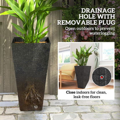 Outsunny 28 Inch Tall Planters for Outdoor Plants, Set of 3 Plastic Flower Pots with Marble Finish and Drainage Holes, Stackable Tapered Large Planters for Indoor Plants, Front Porch Decor, Black