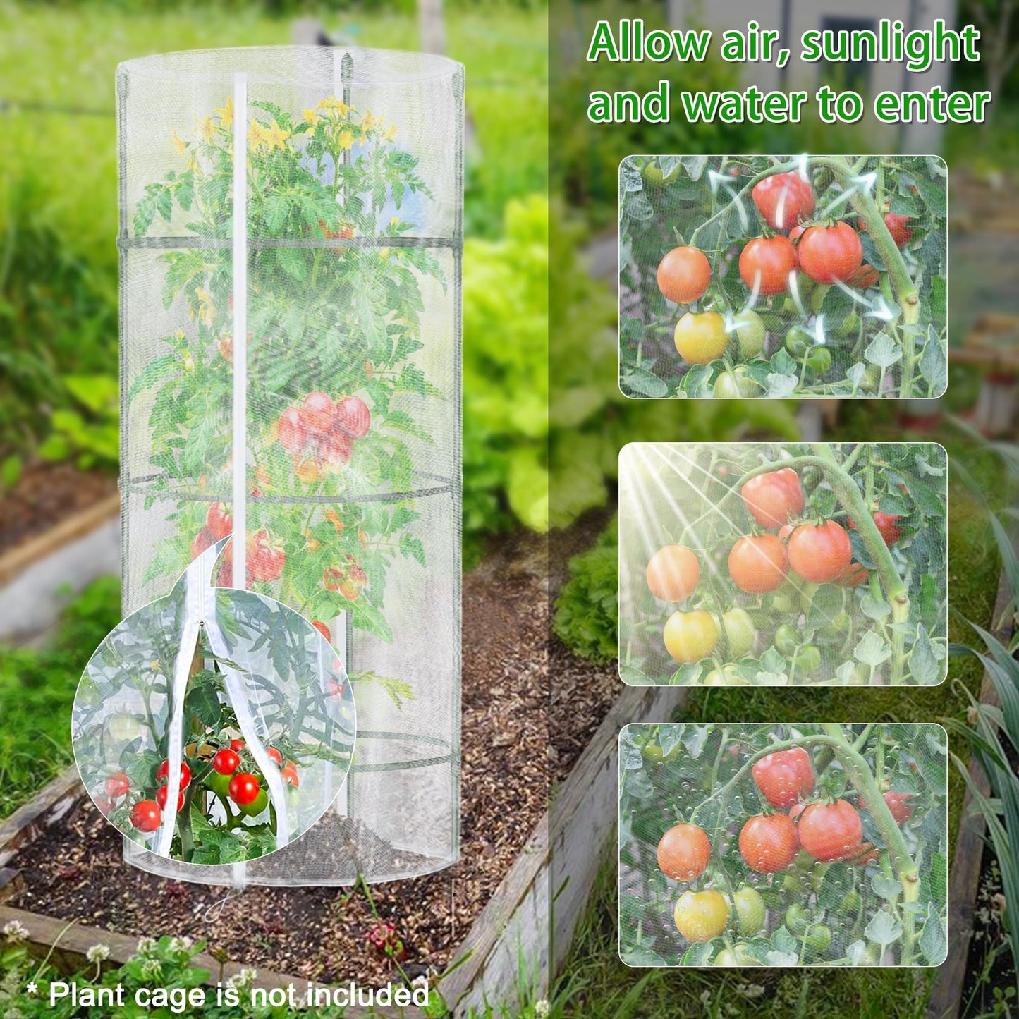 3 PCS Garden Netting for Round Plant Cage, 55" x 15" Tomato Cage Plant Cover Bird Netting Insect Barrier Mesh with Zipper, Tomato Trellis Garden Protection Net Cover for Climbing Plants Vegetables