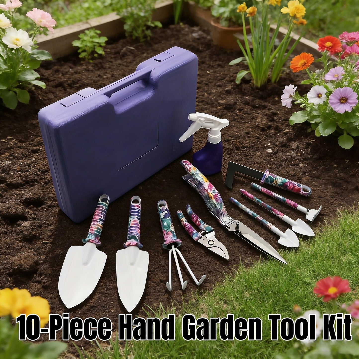 10-Piece Garden Tools Set - Heavy Duty Hand Gardening Kit: Shovel, Pruners, Trowel, Rake for Plant Care, Bonsai Trimming, Weeding & Yard Work (Purple)