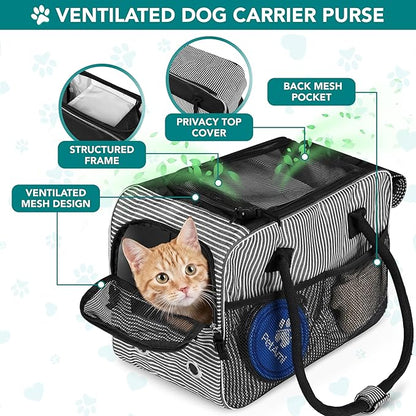 PetAmi Dog Purse Carrier for Small Dogs, Airline Approved Soft Sided Pet Carrier with Pockets, Ventilated Dog Carrying Bag for Puppy Cat, Dog Travel Supplies Bag, Sherpa Bed, Max 12 lbs, Stripe Black