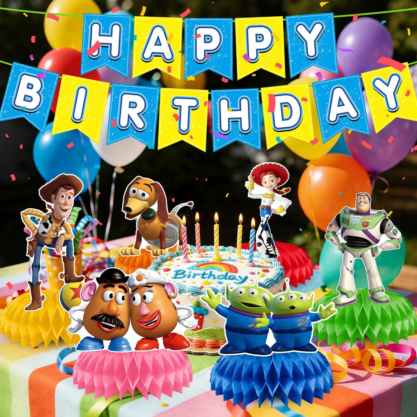 9Pcs Toy Honeycomb Centerpieces, Cartoon Movie Theme Birthday Party Supplies, Double-Sided 3D Table Decorations & Favors for Kids