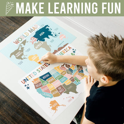 Hadley Designs 4 Alphabet, Map of United States, World Map, & Solar System Posters - Laminated ABC Charts for Toddlers Wall Decor, Boho Posters for Kindergarten, Prek Classroom or Homeschool 11x17