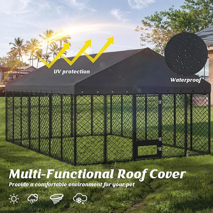 10x14FT Heavy Duty Outdoor Dog Kennel with Roof, Large Metal Dog Enclosure for Big Dogs, Weatherproof Fence Playpen with Double Lock Gate & Feeding Door