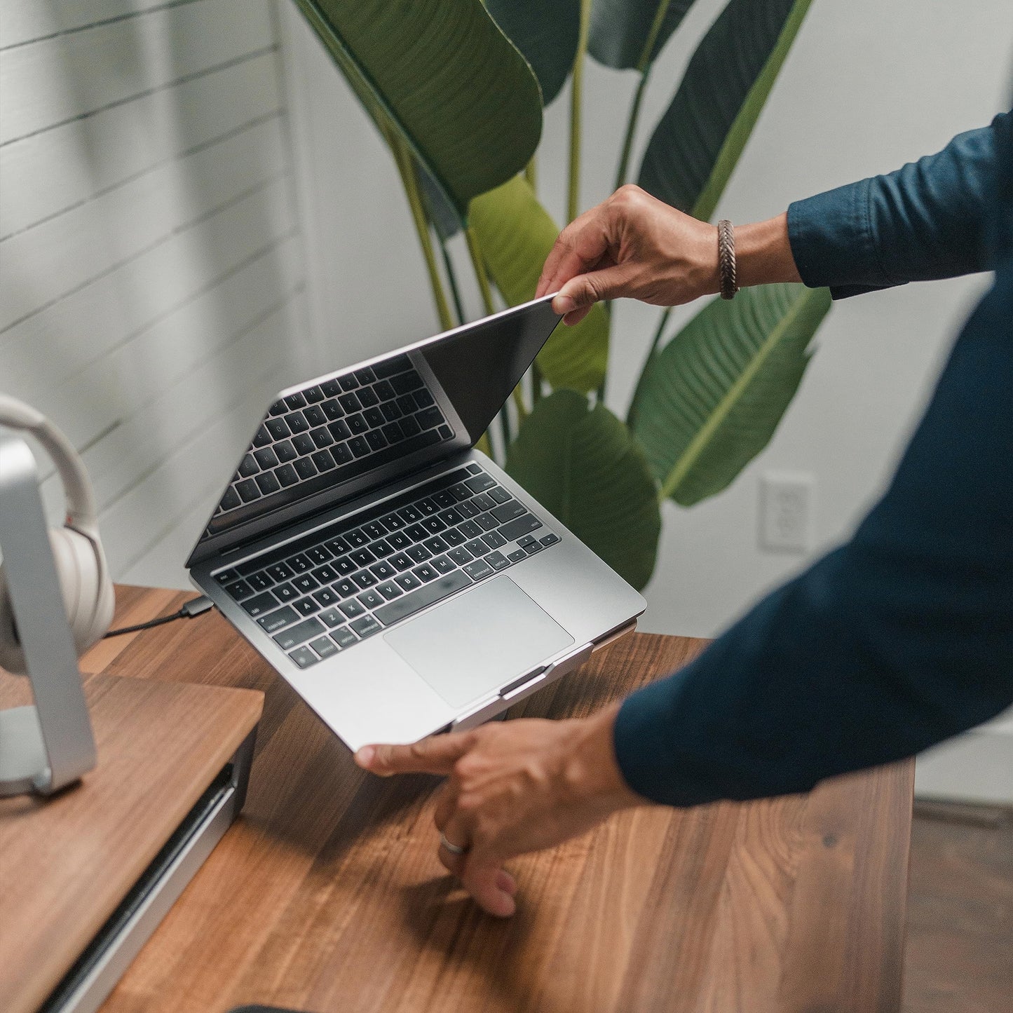 HumanCentric Laptop Riser for Desk in Black Walnut Wood Top and Space Gray Aluminum Base, Compatible with MacBook and Other Laptops Up to 16 Inches, Ergonomic Computer Holder, 25-Degree Angle Tilt